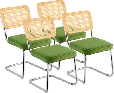 Produktbild von VEVOR ratanové židle, sada 4 kusů, moderní jídelní židle, čalouněná sametová židle s ratanovým opěradlem, retro jídelní židle do kuchyně, obývací pokoj, ložnice, čítárna, zelená barva