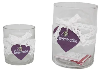 2er-Set runde Teelichthalter aus Glas mit Holzherz, 10x10x15 cm