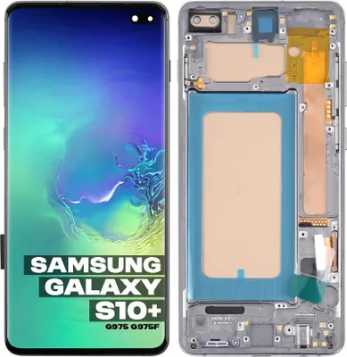 A split image showing the front of a Samsung Galaxy S10+ phone and the internal components of the phone's frame.