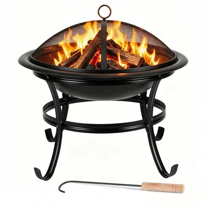 Produktbild von Vigevee Feuerschale Ø 55 cm mit Funkenschutz, Grillrost und Schürhaken, Outdoor Feuerstelle aus Eisen für Garten und Terrasse, Schwarz