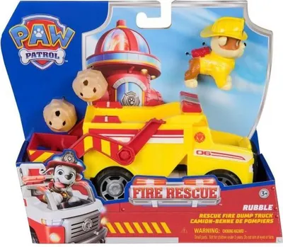 Productafbeelding van Paw Patrol Ruben, brandweerfiguur, voertuig met 2 projectielen, 15 cm, vrachtwagen met kipper, brandweerman figuur, 2 accessoires, vanaf 3 jaar