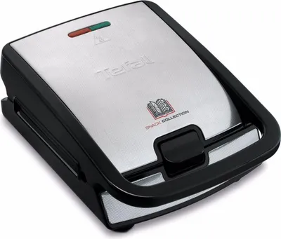 A close-up, angled view of a closed Tefal Snack Collection grill and waffle maker on a white background.