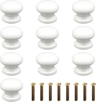 Produktbild von DigiRigi® 10x weiße Holz-Möbelknöpfe – Schubladen‑ & Schranksknöpfe, runde Pilzform, Ø 28 mm x H 23 mm, inkl. 10 Schrauben (25 mm)