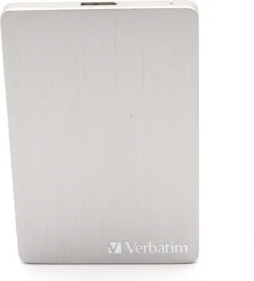 A silver external hard drive with the Verbatim logo on a white background.