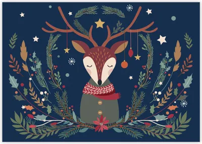 Produktbild von 4x Nostalgische Weihnachtskarte mit Hirsch und Tannen grün ohne Text