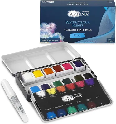 Image de Kit de peinture aquarelle, 12 couleurs, avec pinceaux, dans une boîte