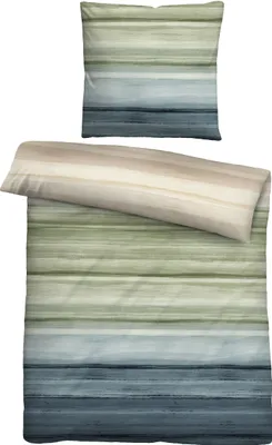 A flat lay of a duvet cover and a pillowcase with a striped watercolor pattern.