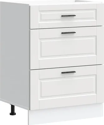 A white kitchen base cabinet with three drawers and black handles, shown from the front on a white background.