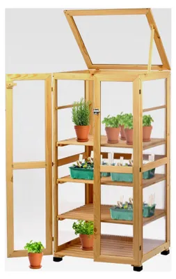 Produktbild von Anzuchtschrank Dome aus Holz - Gewächshaus mit 4 Ablagen für Innen- und Außenbereich - Treibhaus mit Deckel und Türen - 56 x 52 x 116 cm - Natur