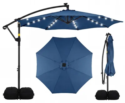 Image de Parasol COSTWAY 300 cm avec pied, éclairage LED et manivelle, parasol à pied central, parasol de jardin, pivotant à 360°, parasol de marché, parasol de terrasse, bleu