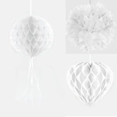 Produktbild von Hochzeitsdekoration Wabenfächer und Pompom weiß - 3er Set