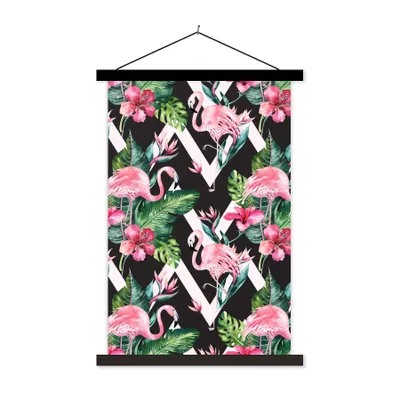 Produktbild von MuchoWow® Textilposter Muster - Blumen - Flamingo 60x90 cm mit schwarzem Rahmen - Poster Wohnzimmer
