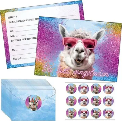 Produktbild von Einladungskarten Kindergeburtstag Lama & Alpaka Thema - Mit Glitterakzent