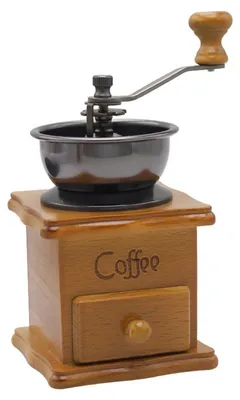 Produktbild von INF Große, quadratische Kaffeemühle mit Holzbehälter, manuelles Mahlwerk mit braunem Keramikmahlwerk und Handkurbel im Vintage-Stil, versiegelter Behälter, Kaffeemühle für den Heimgebrauch