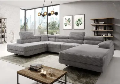 Produktbild von Easy4You Ecksofa Grau Astorp Kord U-Form – 345 cm - Schlafsofa mit Bettkasten und Schlaffunktion - Eckcouch mit Stauraum und Metallfüße – Links – Stoff Kord Poso 55