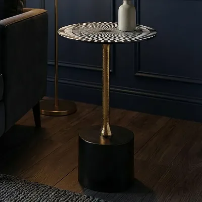 Immagine prodotto di WOHNLING Tavolino in alluminio 49 cm Op-Art Tavolino rotondo in metallo Tavolino da salotto Tavolino decorativo Tavolino da caffè Tavolino in metallo Fatto a mano