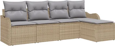 Produktbild von Möbel 5-teiliges Garten-Sofa-Set mit Kissen Beige Poly Rattan, 2-Sitzer Garten-Sofa mit Stauraum und Kissen Beige Poly Rattan - Gartensofas 3354329