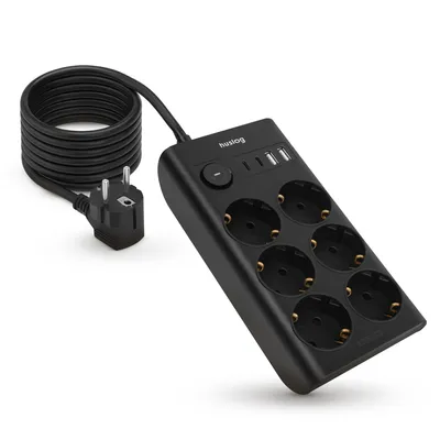 Produktbild von Huslog Steckdosenleiste 6-fach mit USB, 4 USB Ports, Überspannungsschutz, 1,5m, Schwarz