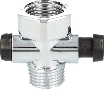 A close-up studio shot of a chrome-plated T-junction fitting with black rubber seals on the side outlets and threaded connections on the top and bottom.