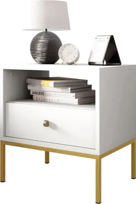 Produktbild von MIRJAN24 Nachttisch Mono Gold MS54 mit Schublade, Untergestell aus Metall 18 x 18 mm, Kugelgleitschienen (Farbe: Weiß + Gold)