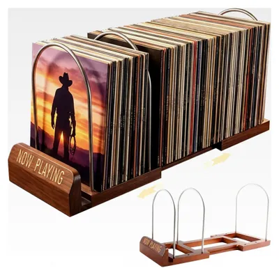 Produktbild von Schallplatten Aufbewahrung | Erweiterbarer Schallplattenständer aus Holz und Metall für 30-70 LPs | Now Playing Vinyl Plattenständer für Zuhause, platzsparend und stabile Aufbewahrung für Musikliebhaber
