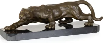 Produktbild von Bronzeskulptur Panther schleichend aus Bronze auf Marmorsockel 42,5 cm plastische Tierfigur als Kunstobjekt für Wohnraum und Innenbereich