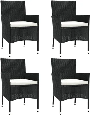 Produktbild von 4 Gartenstühle aus schwarzem Polyrattan mit Kissen und Stahlgestell für Terrasse und Garten