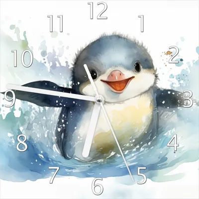 Produktbild von Wallario Design Wanduhr Pinguin in Aquarell aus Echtglas, Größe 20 x 20 cm