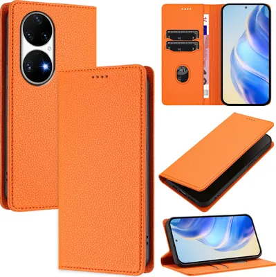 Produktbild von Litchi Leder Handyhülle für Huawei P50 Pro Wallet Kartenfächer Standfunktion Hülle Orange