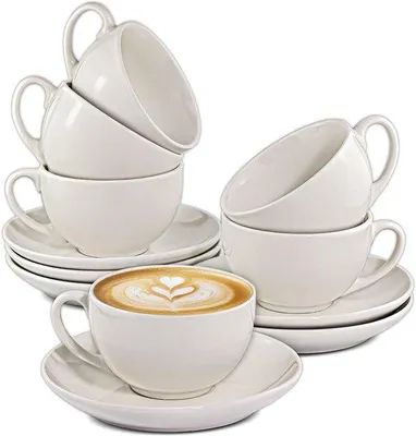 Produktbild von Famanu Cappuccinotassen Set aus weißem Keramik - 6 Tassen mit Untertassen - 180 ml - spülmaschinenfest - in Geschenkbox
