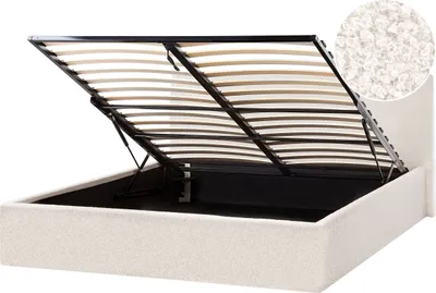 Produktbild von BELIANI Polsterbett Cremeweiß Bouclé Bettrahmen mit Lattenrost 160x200 cm Bettkasten Hochklappbar Hohes Kopfteil Modern Skandi Schlafzimmer Doppelbett