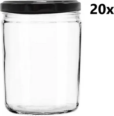 Obrázek produktu pro Zavařovací sklenice 440 ml LUNCH čirá 20 ks VČETNĚ ČERNÝCH VÍČEK, Počet kusů v balení: 20