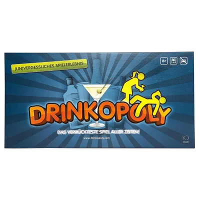 The image shows the front packaging of a board game called Drinkopoly.