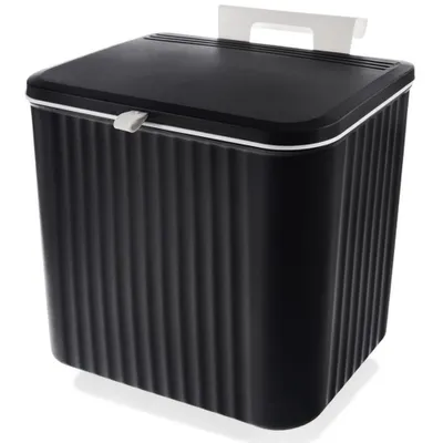 A black trash can with a white handle and lid, shown from a slightly elevated angle on a white background.