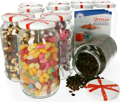 Produktbild von 12er Set Einmachglas 1062 ml Deckel Schleifen-Dekor Rund- / Einkochgläser Vorratsglas Aufbewahrung