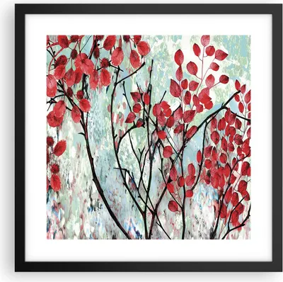 Produktbild von Gerahmtes Poster - Schwarzer Rahmen - Rot Blätter Zweige - 40x40 cm - Wand Bild - Wanddeko - Wandbilder - Kunstposter - Wandposter - Bilderrahmen - Bilder - Kunstdruck - P2BAC40x40-4508