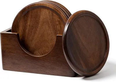 Image de Lot de 6 sous-verres - Ensemble de sous-verres en bois pour boissons, avec support - Sous-verres pour protéger les surfaces des tables - Dessous de verre pour boissons chaudes ou froides