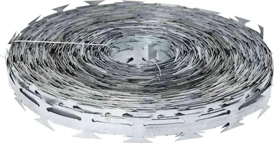 A roll of razor wire on a white background.