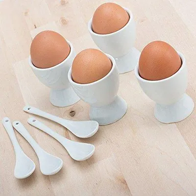 8-teiliges Eierbecher-Set aus Porzellan, 4 Eierbecher + 4 Löffel, weiß
