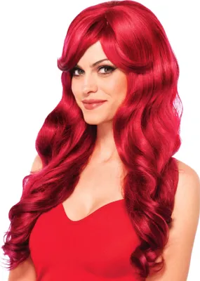 A woman wearing a red top and a red wig.