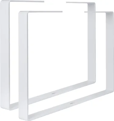 Two white U-shaped table legs are shown against a white background.