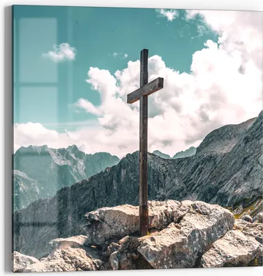 Produktbild von DEQOART Glasbild Echtglas 50x50 cm 'Gipfelkreuzglanz' Wandbild Bild modern Deko