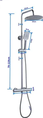 Produktbild von Thermostat-Duschsystem mit Regendusche und Handbrause - Verstellbarer Duschkopf 25 cm und Duschstange 79-119 cm
