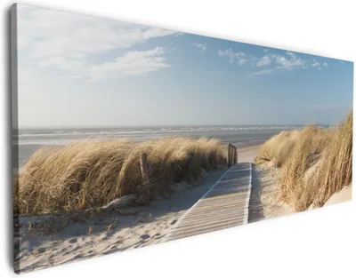 Produktbild von Wallario Premium Leinwandbild Auf dem Holzweg zum Strand in Größe 60 x 150 cm