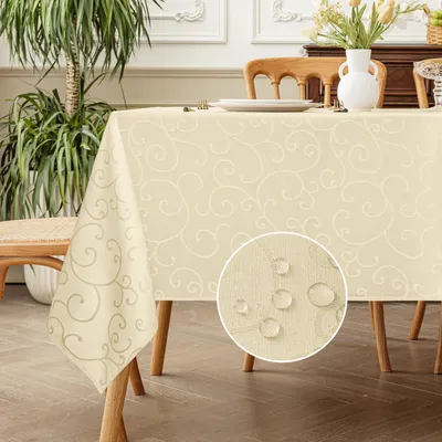 Produktbild von Tischdecke Quadratisch 160x160 cm Beige Jacquard Damast Ranke Abwaschbar Wasserabweisend