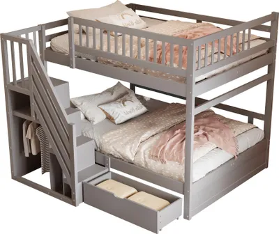 Obrázok produktu pre Poschodová posteľ okwish 140x200 s rebríkom a vysokým bezpečnostným zábradlím, vysoká posteľ s roštom a úložným priestorom, posteľ pre mládež so zásuvkami, bez matraca, sivá