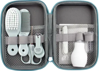 Produktbild von Philips AVENT Babypflege-Set – Starter-Set mit 9 Zubehörteilen: Nagelknipser, Schere, 3 Nagelfeilen, Kamm, Haarbürste, Nasensauger und Fingerzahnbürste (Modell SCH401/00) New model Single