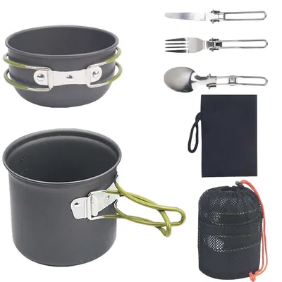 Image de Ensemble de vaisselle de camping en aluminium, 7 pièces, pour 1 à 2 personnes, avec couverts