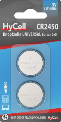 A package of two HyCell CR2450 lithium button cell batteries.
