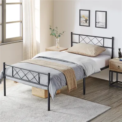 Produktbild von Yaheetech Metallbett Bettgestell mit Kreuzdesign Kopfteil, 90 x 190 cm Bettrahmen, Schwarz